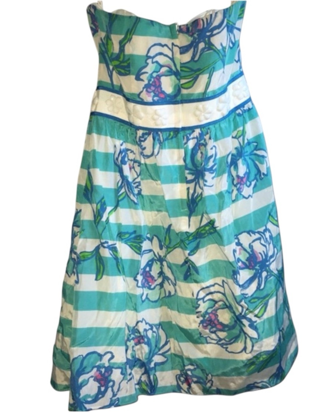 Strapless Aqua Floral Stripe Summer Dress - Picture 4 of 4